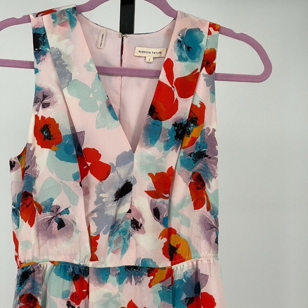 Rebecca Taylor 100% Silk Floral Watercolor Dress Womens sz 2 Plunge Neck Cutout - Picture 11 of 11